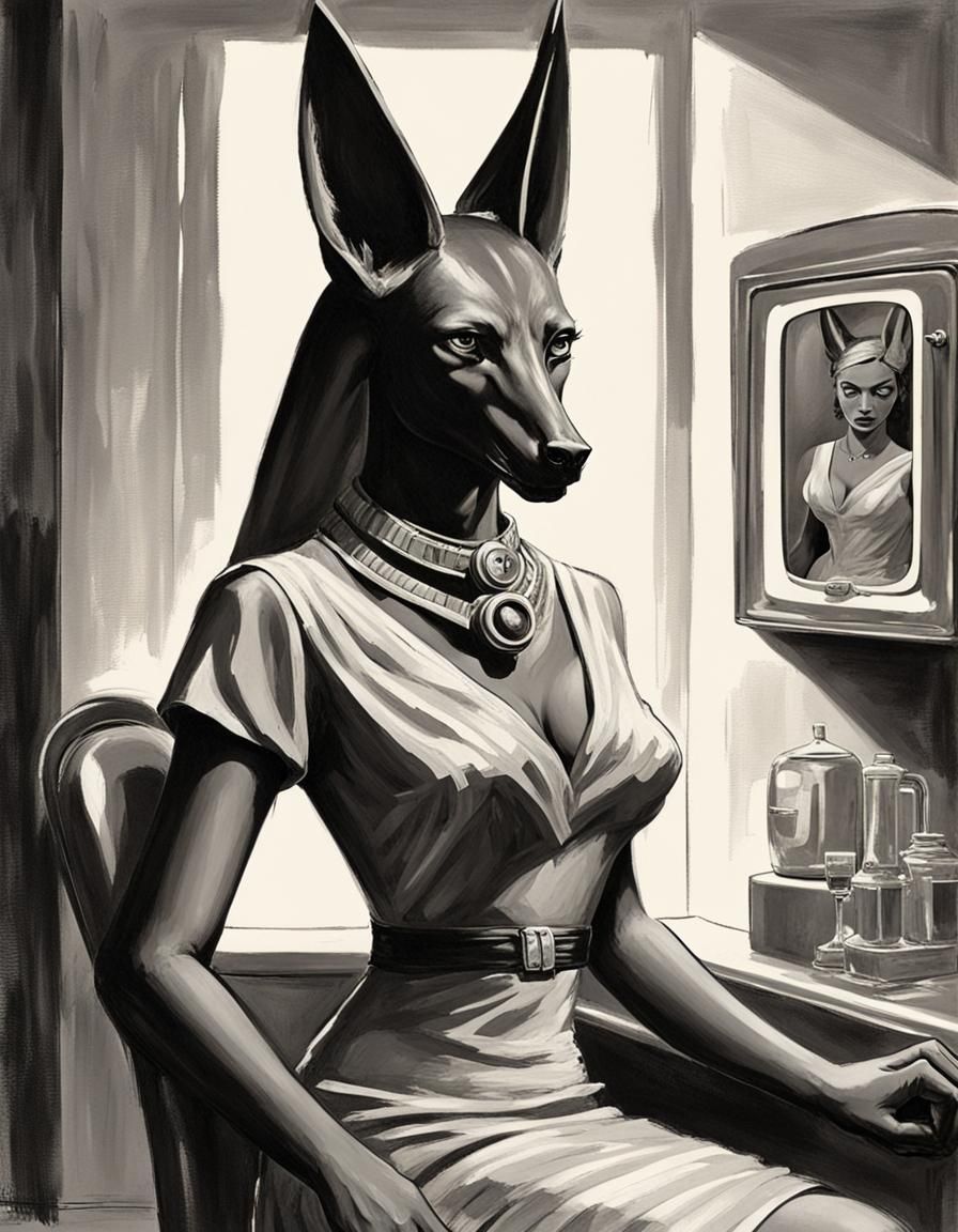 Female Anubis in Dress: 1950s Noir Pulp Style