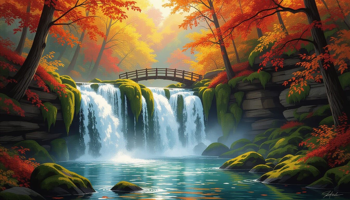 Majestic Autumn Waterfall in Romantic Landscape Style