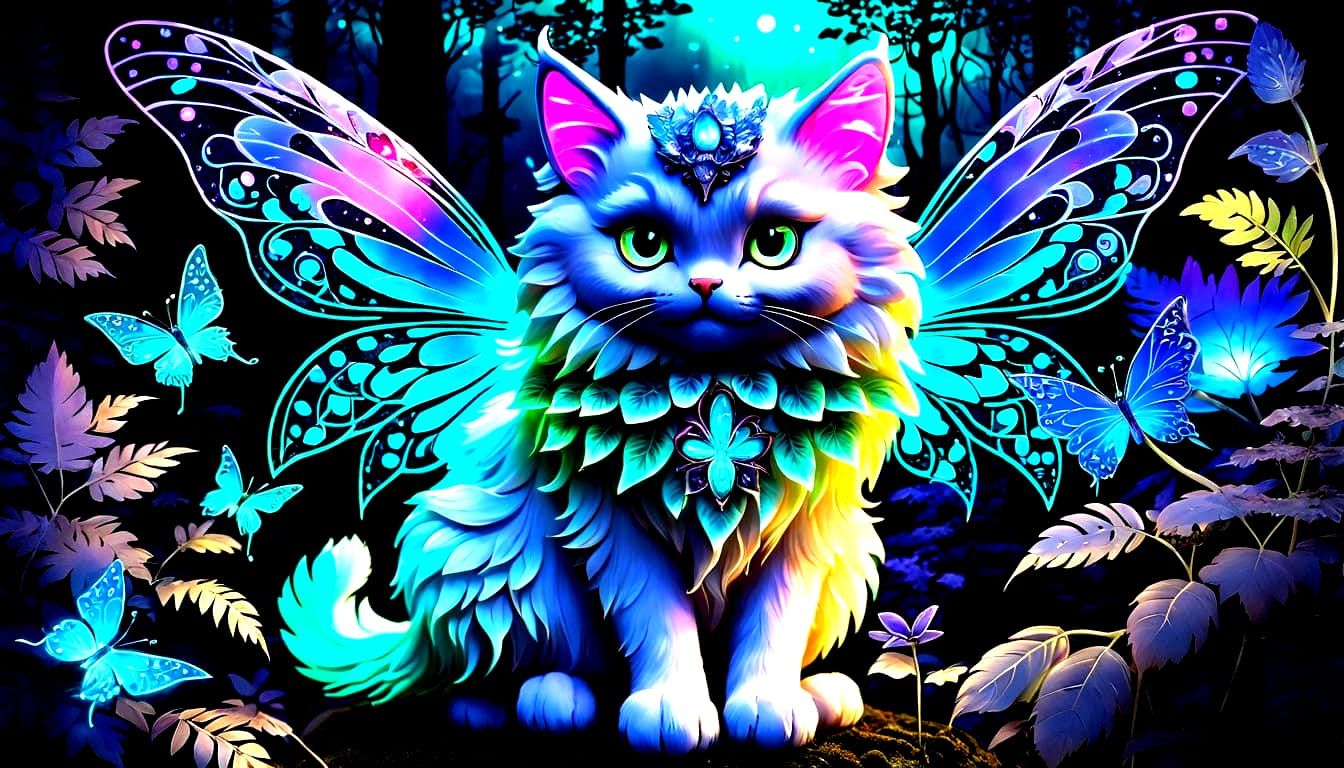 Enchanted Fairy Cat in Fluorescent Forest