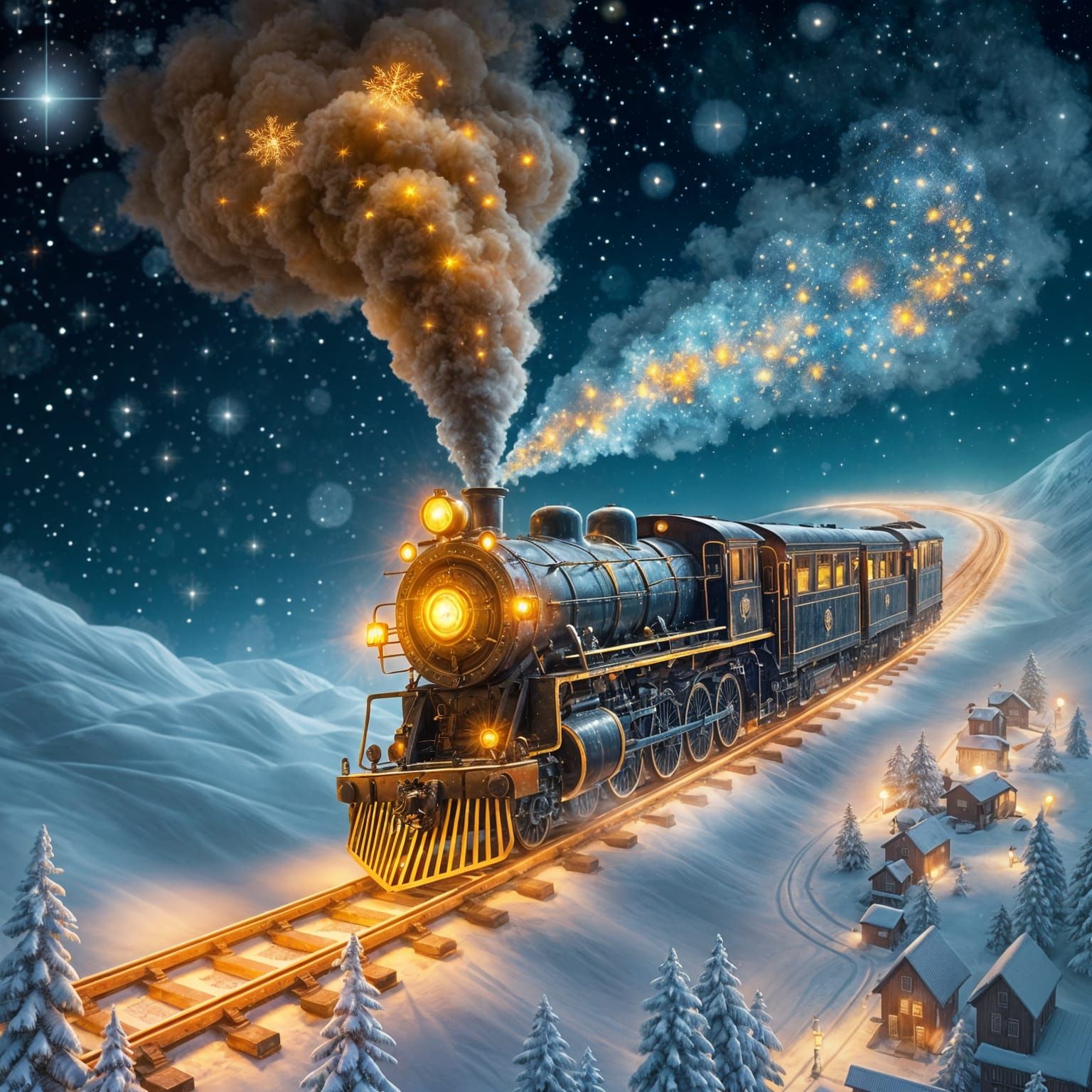 Whimsical Old-Fashioned Steam Locomotive Soars Under Starry...