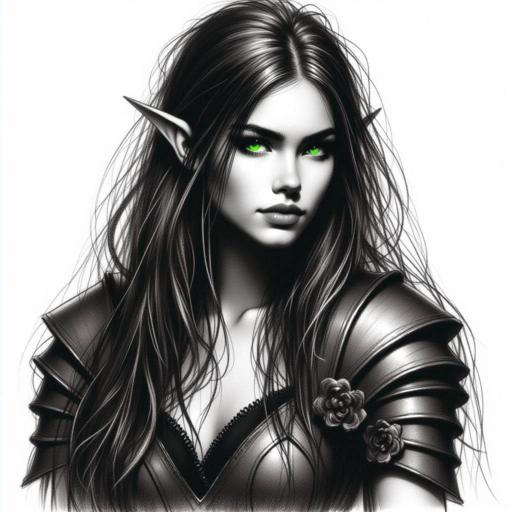 Charcoal Portrait of an Elven Warrior with Green Eyes