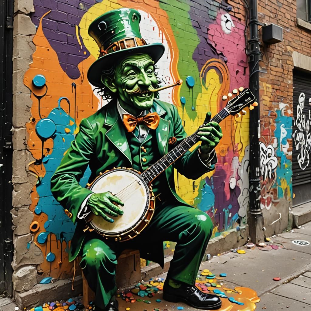 Leprechaun Plays Banjo in Whimsical Alleyway