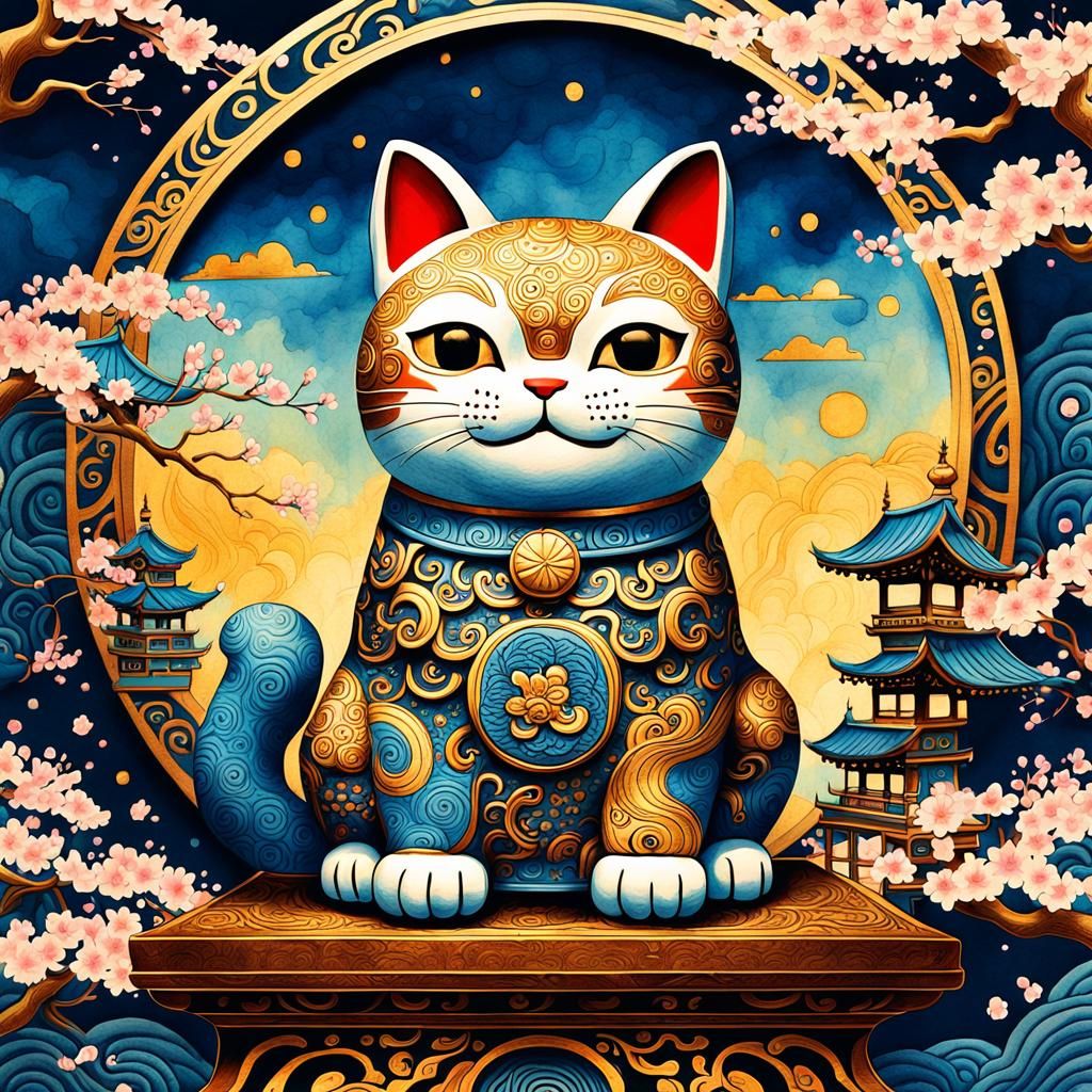 Maneki-Neko Cat in Traditional Asian Watercolor Style