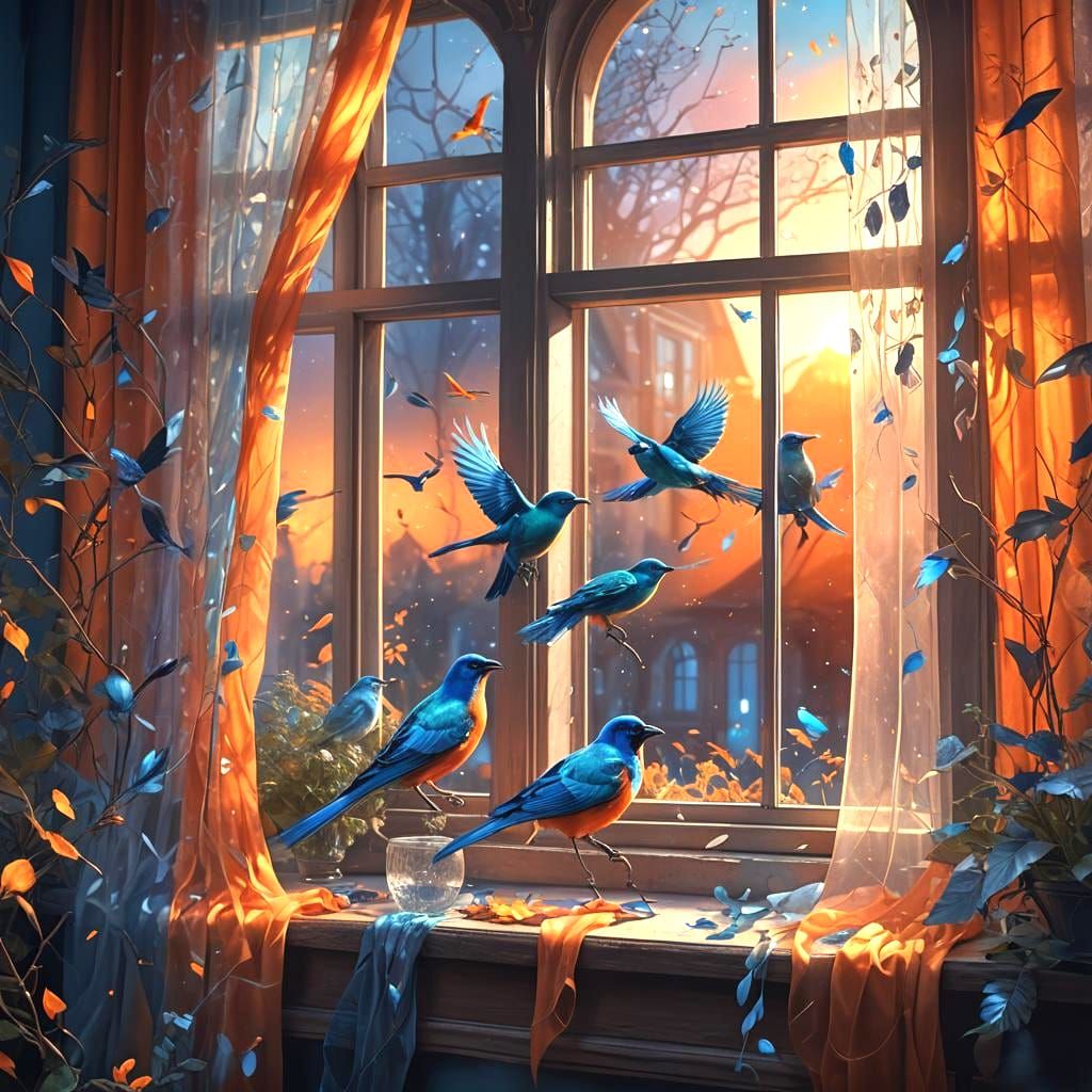 Colorful Birds Dancing Near Window in Fantasy Art