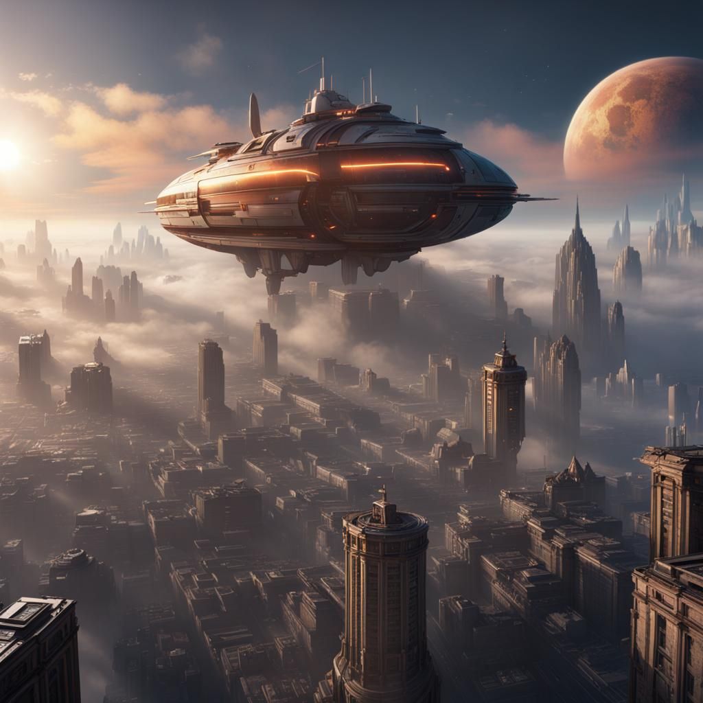 Spaceship Flies Over Misty City in Detailed Matte Painting