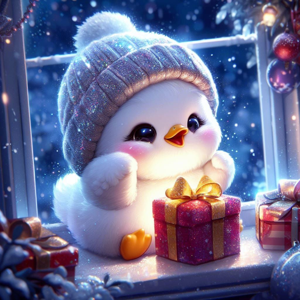 Cute Chibi Duckling with Present in Winter