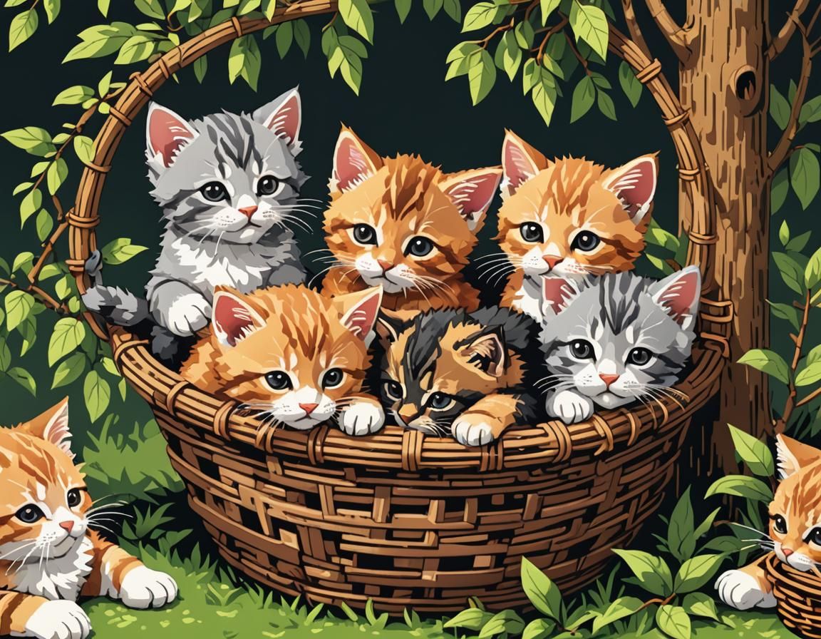 8-bit Kittens Napping in Willow Basket