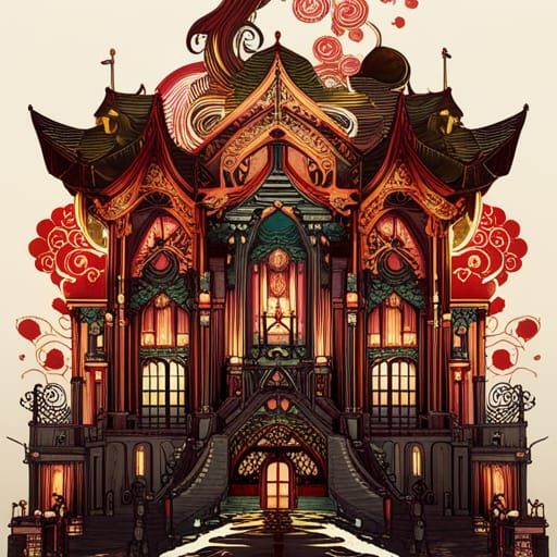 Steampunk Japanese Palace with Golden Outlines