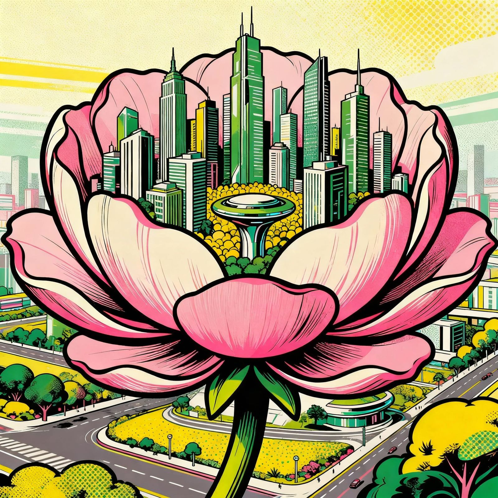 Mid-Century Pop Art City Inside Giant Flower