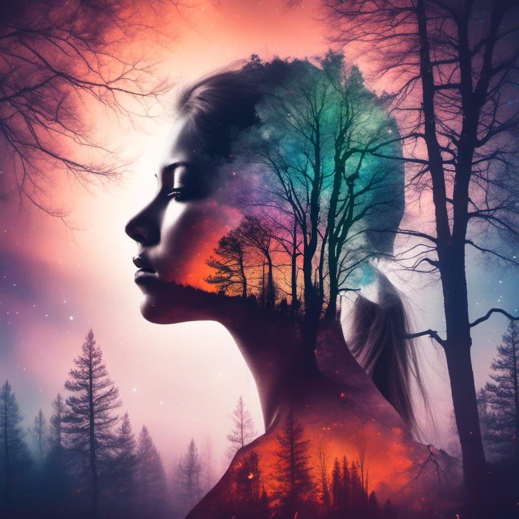 Starlight Silhouette: Woman and Tree Double Exposure