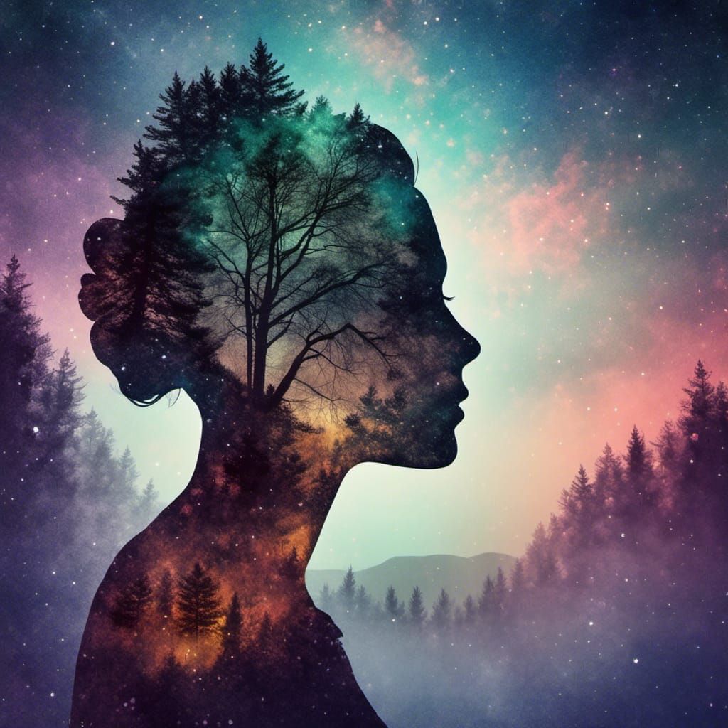 Starlight Silhouette: Woman and Tree Double Exposure