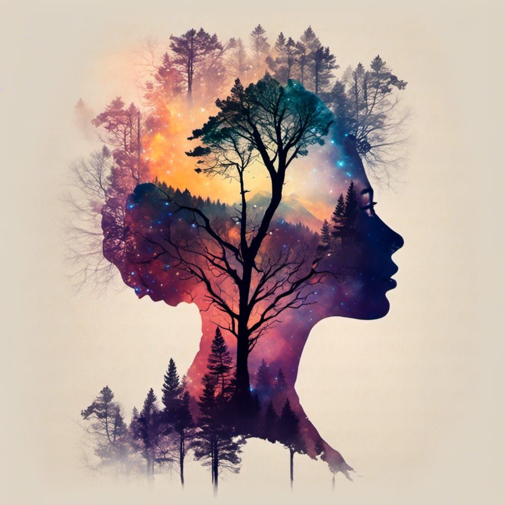 Starlight Silhouette: Woman-Tree Double Exposure in Digital ...