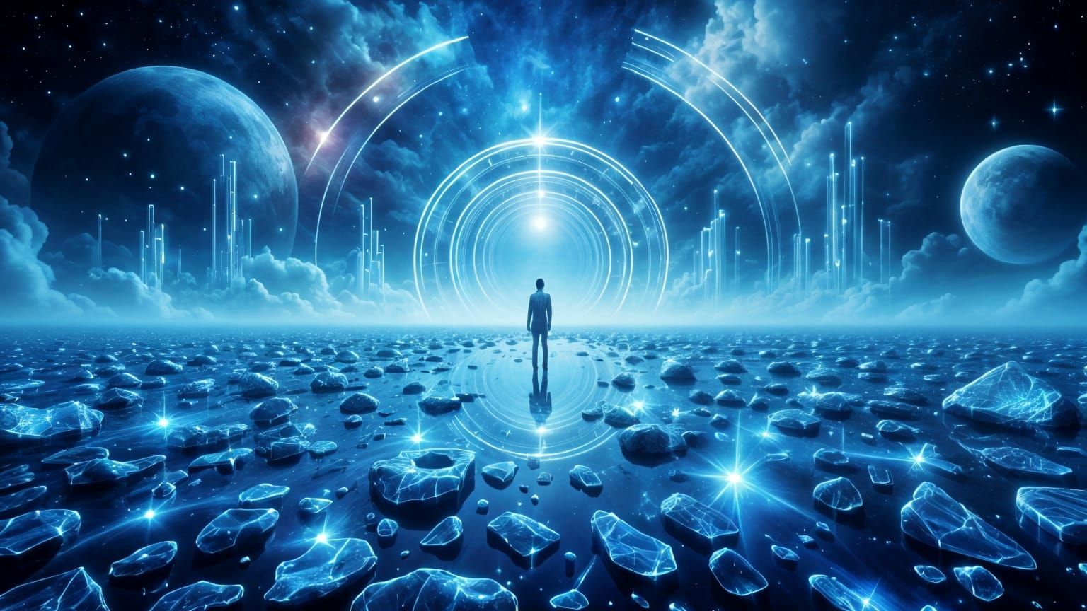 Surreal Lake of Broken Glass in Deep Blue Void