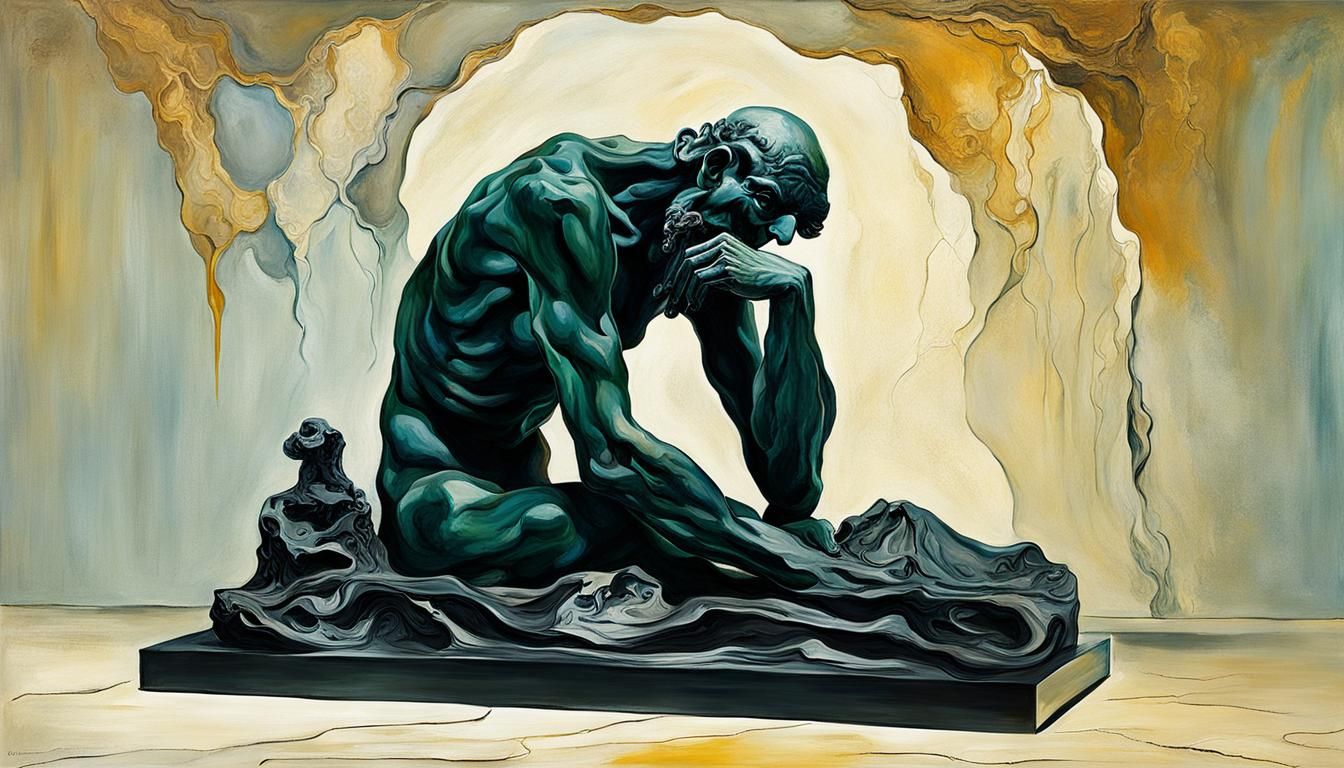 Rodin's Thinker in a Surrealist Landscape