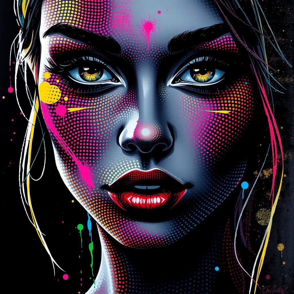 Colorful Dotted Female Face in Graffiti Style