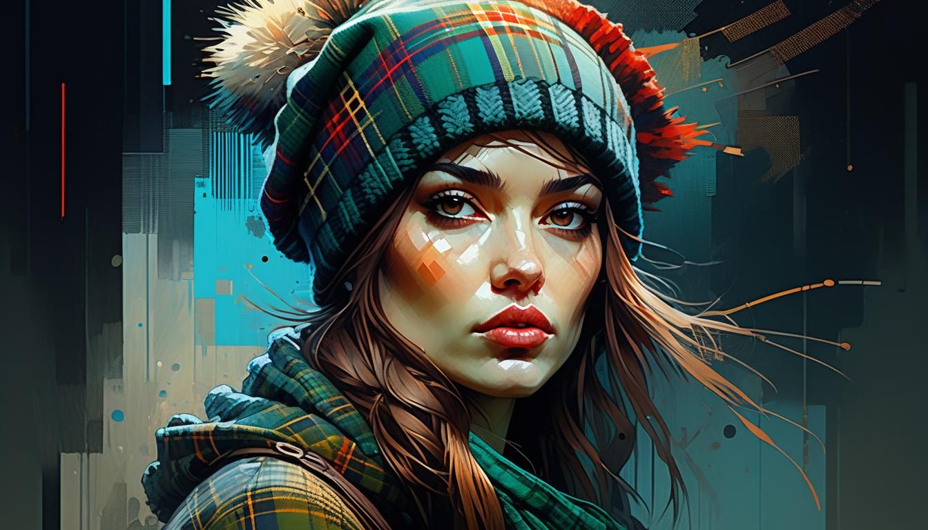 Tartan Bobblehat in Digital Pointillism Style