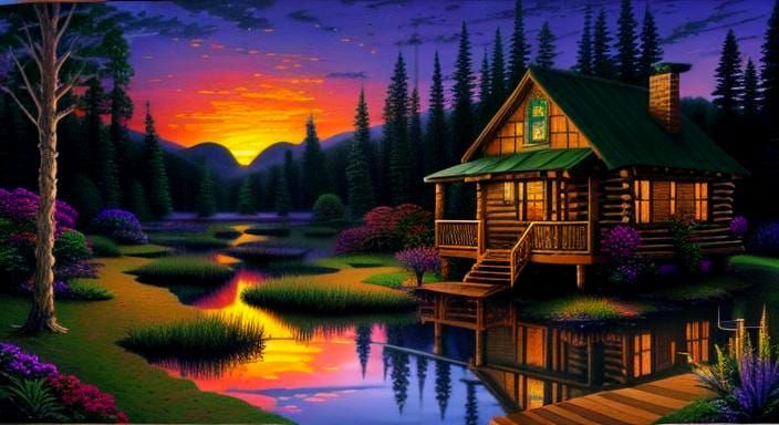 Sunset Cabin in 3D Zentangle Style