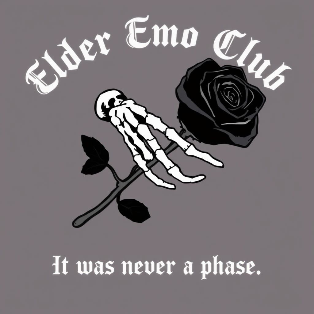 Skeleton Hand Holds Black Rose with Emo Club Text