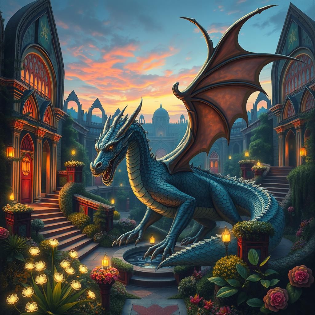 Mystical Dragon in Escher-Inspired Geometric Garden