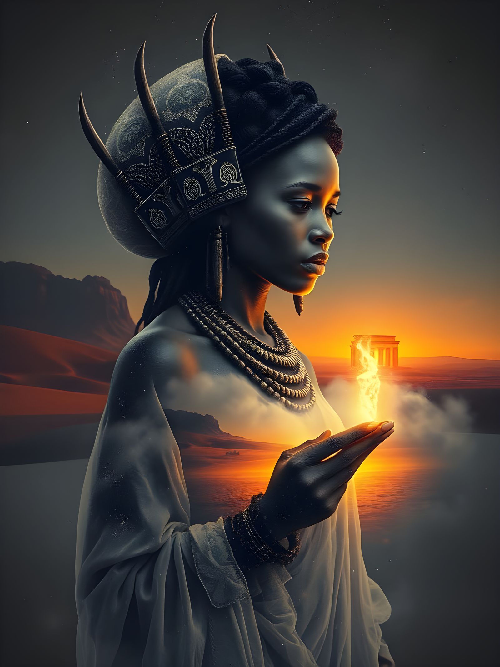 Surreal Portrait of a Stardust Cavewoman in a Mystical Deser...