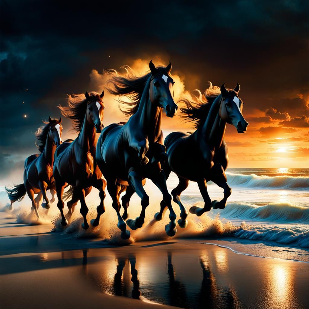 Mystical Horses Gallop on Beach, Digital Illustration