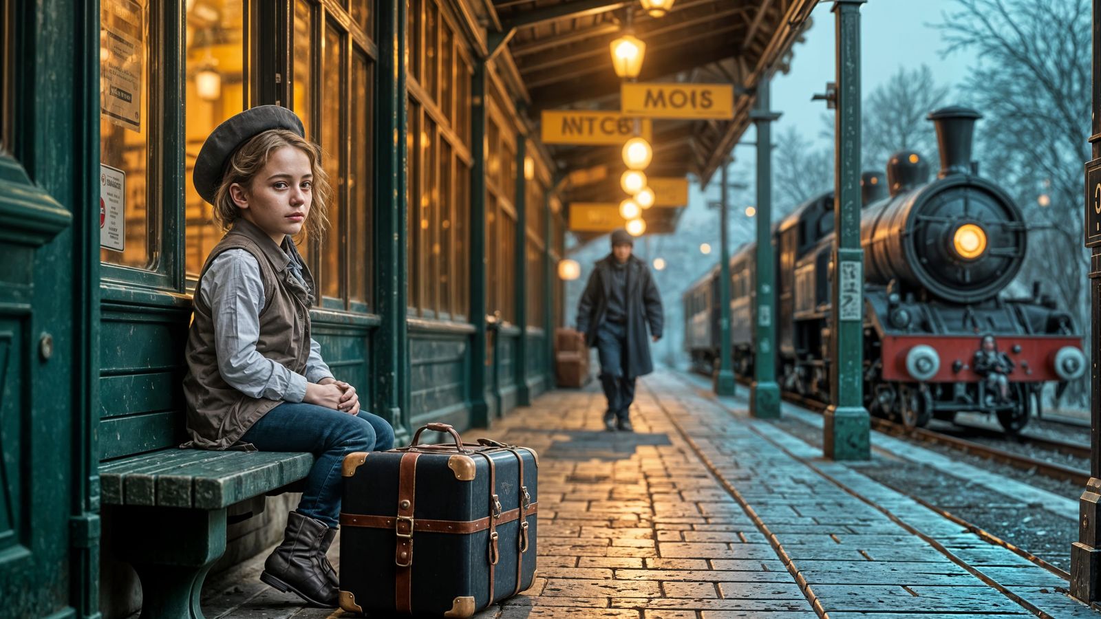Young Girl Waits for Steam Train at Vintage Train Station