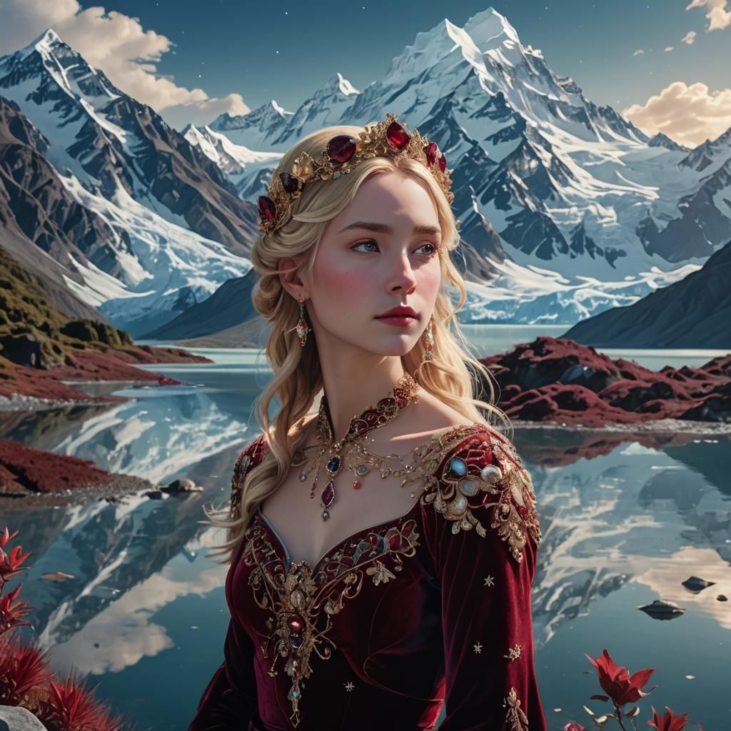 Anime Woman in Garnet Headdress at Mt Cook