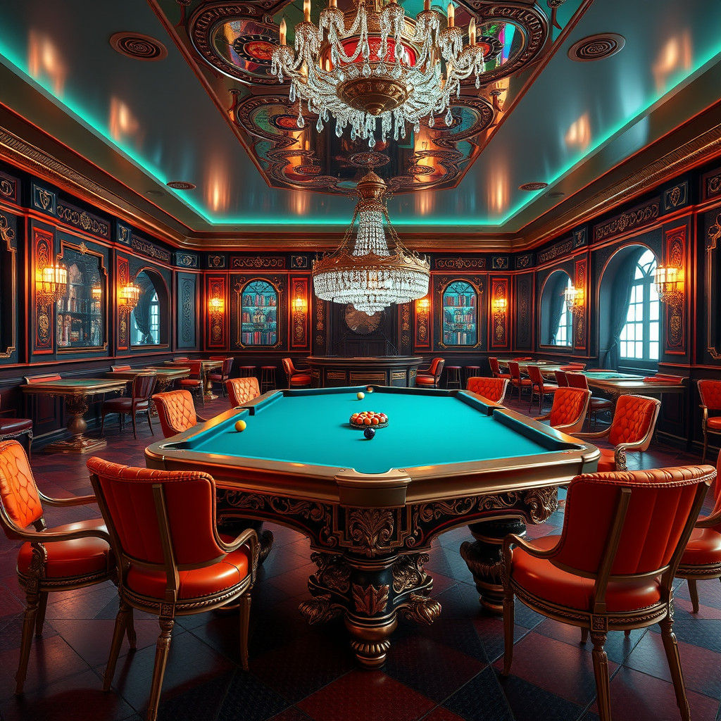 Steampunk Cyberpunk Billiard Hall with Crystal Chandelier