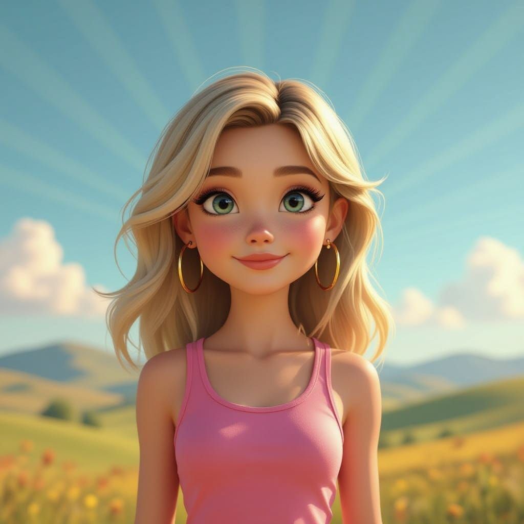 Cute Blonde Girl in Pink Tank Top with Country Background