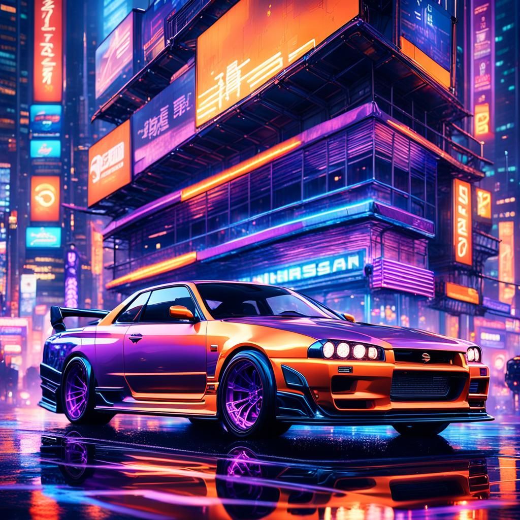 Nissan Skyline Races Through Neon Cityscape