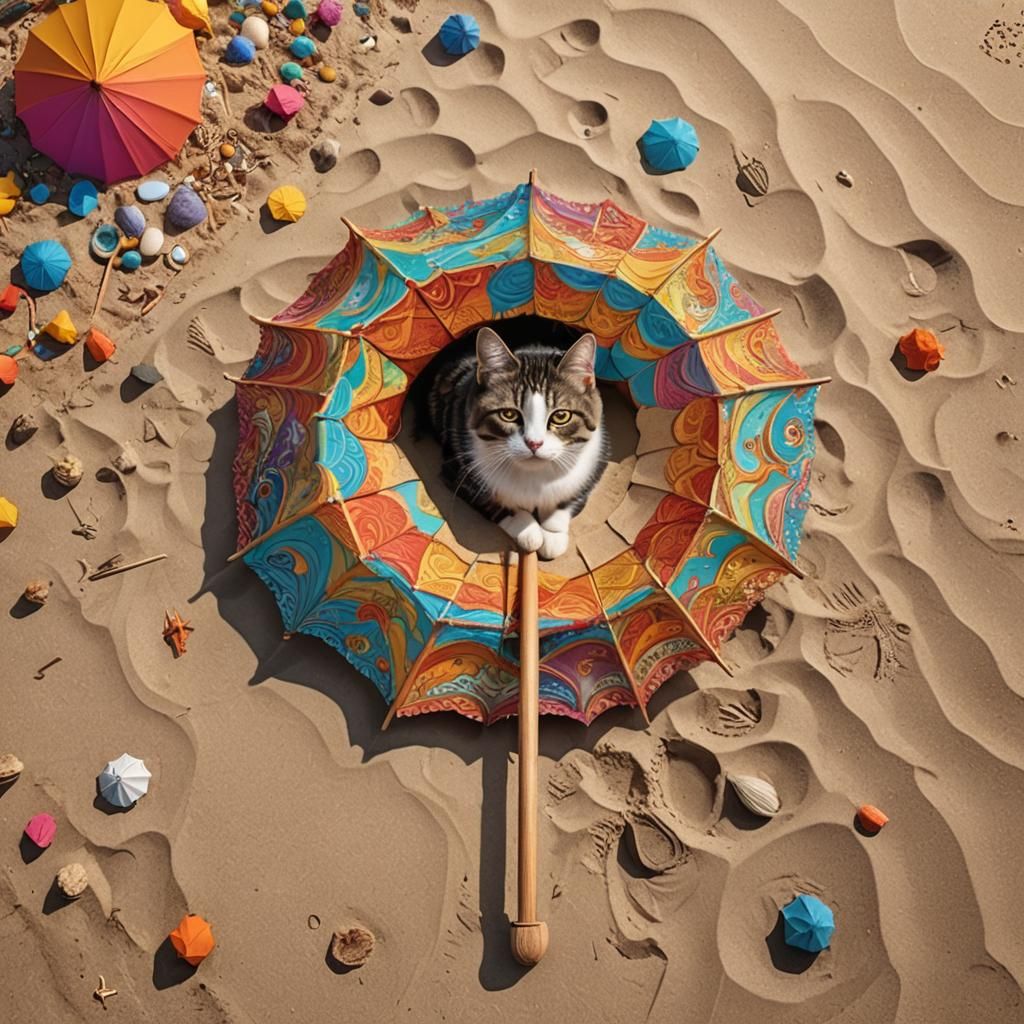 Cat Buried in Beach Sand Under Colorful Parasol