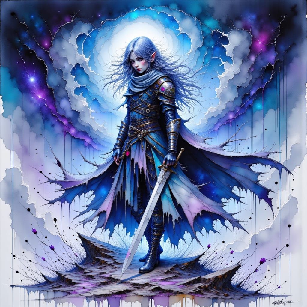 Half-Elf Sorceress with Cryo-Katana in Stormy Fantasy Art