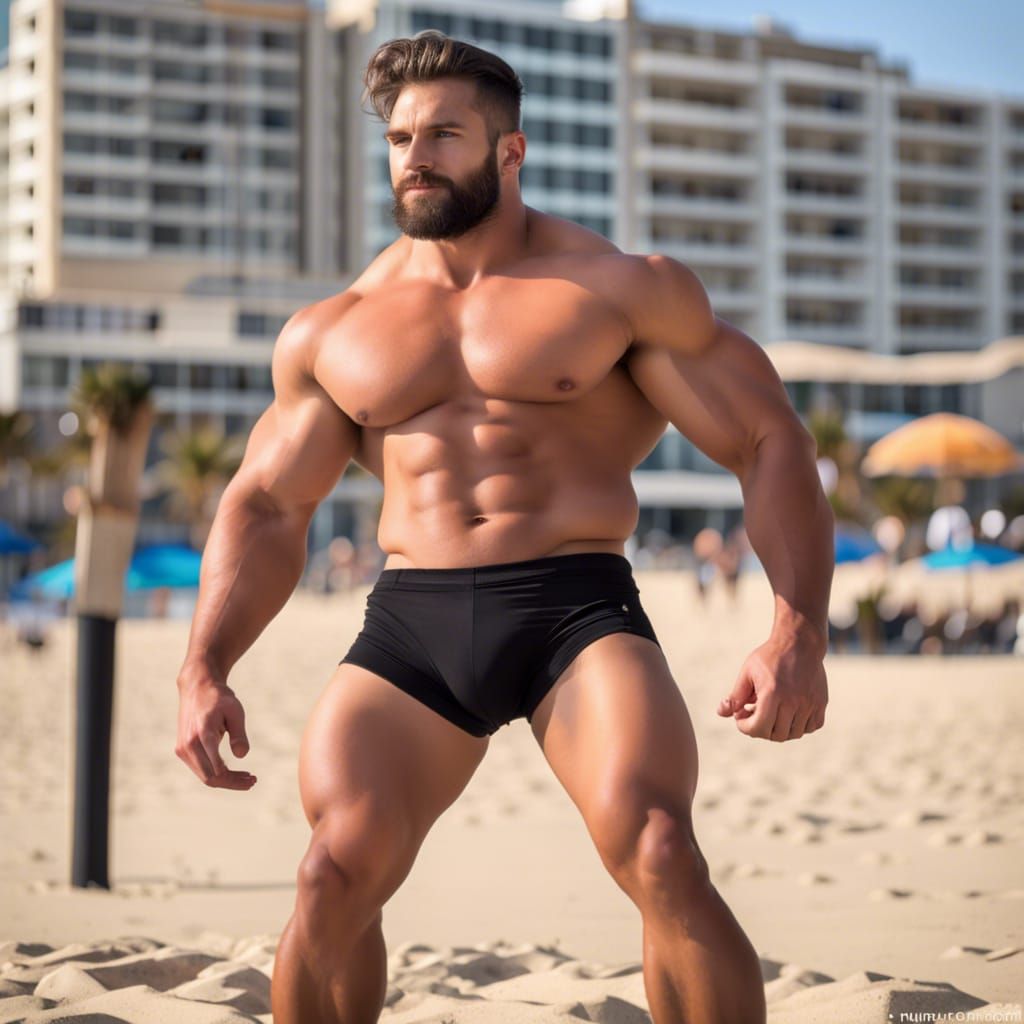 prfm style, 20 year old man, big bodybuilder, black speedos, instaport style, Very Hairy Muscle, alpha male, male dom, b...