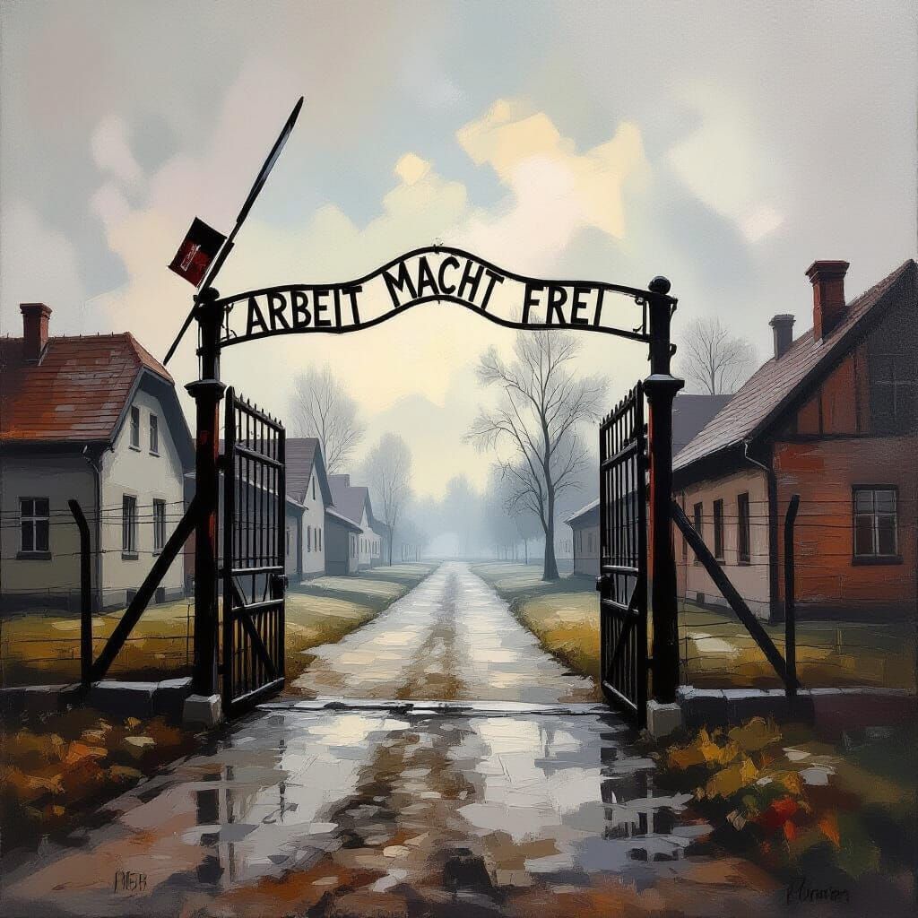 Dachau Gate 'Arbeit Macht Frei' in Afremov Style