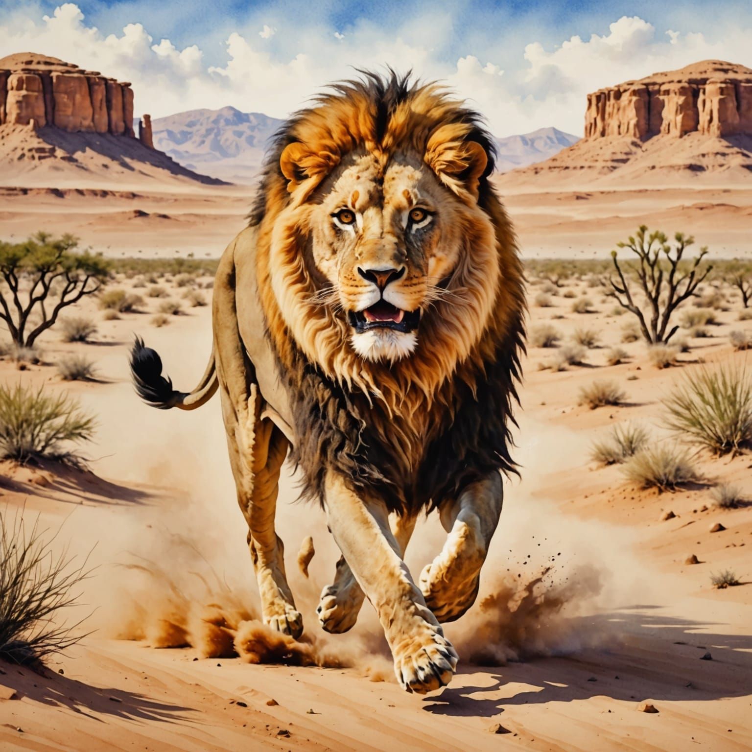 Lion Runs Through Desert Oasis in Watercolor
