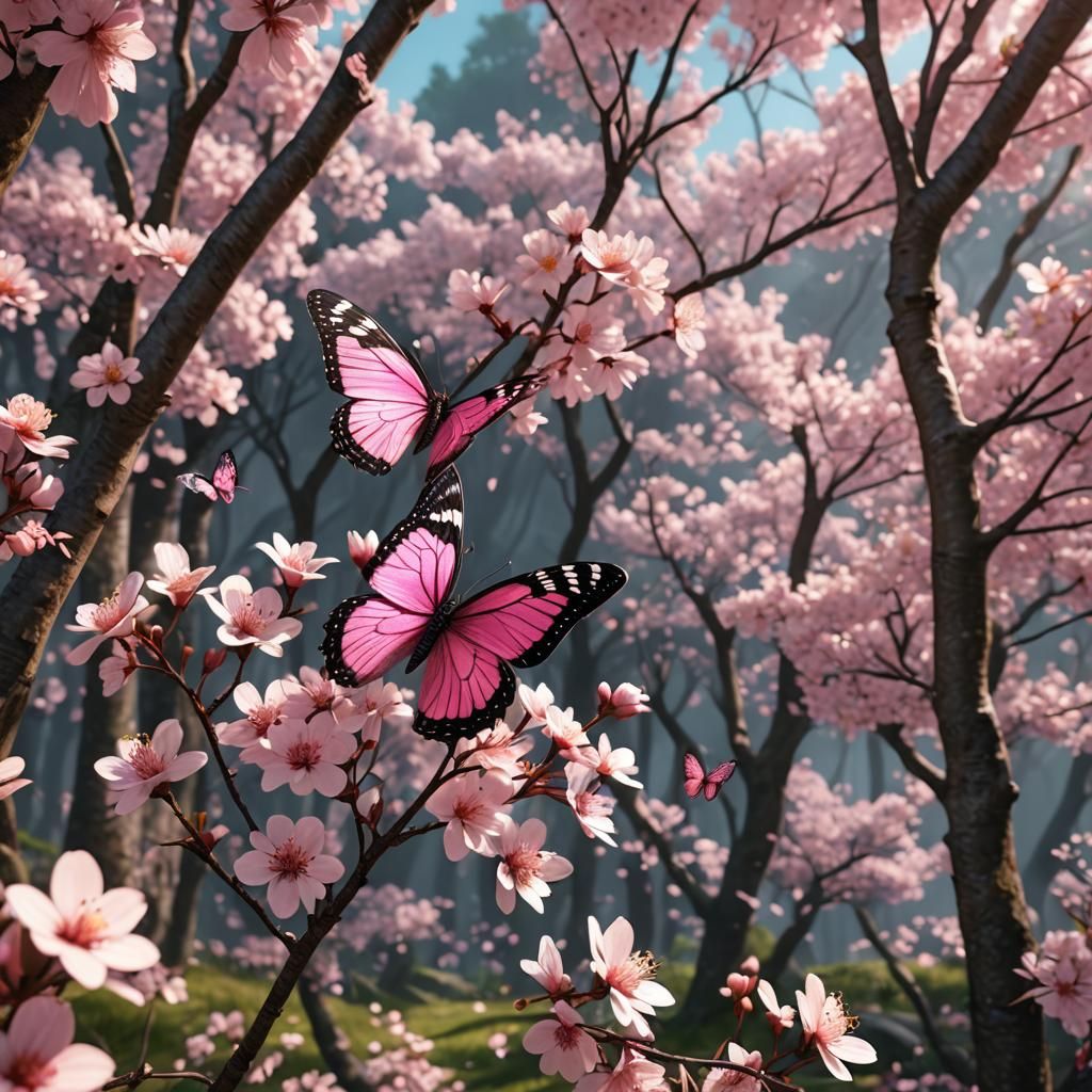 Pink Butterfly in Cherry Blossom Forest, 3D Render