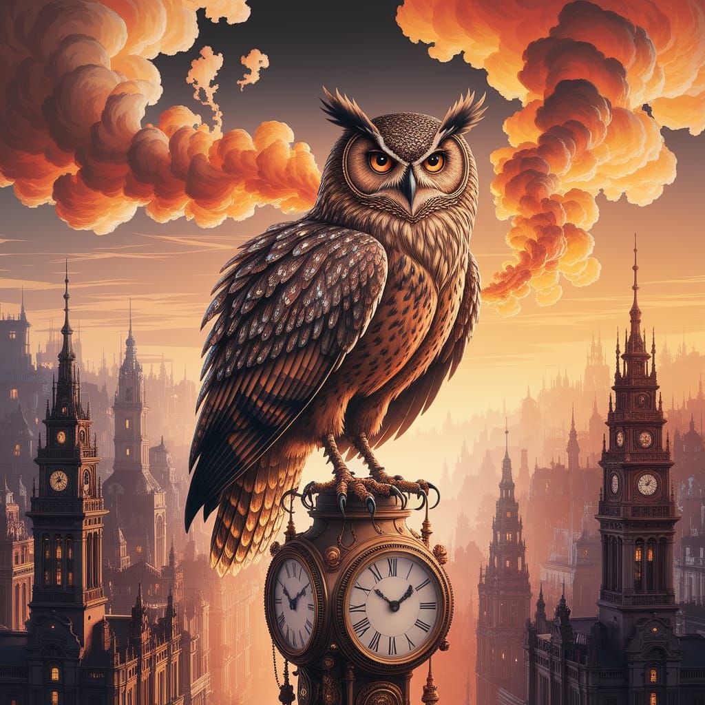 Steampunk Owl Perched Atop Clock Tower in Victorian City