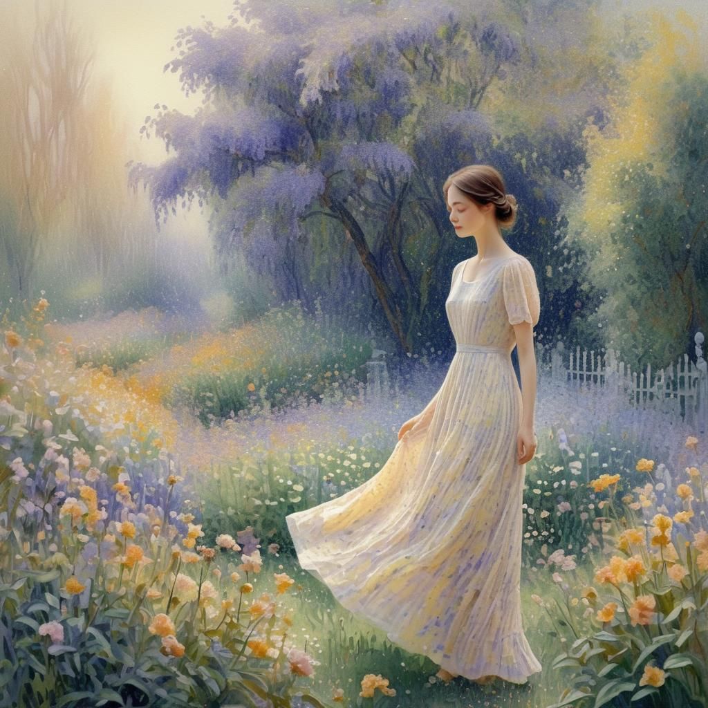 Woman in Ivory Garden: Pastel Impressionist Art