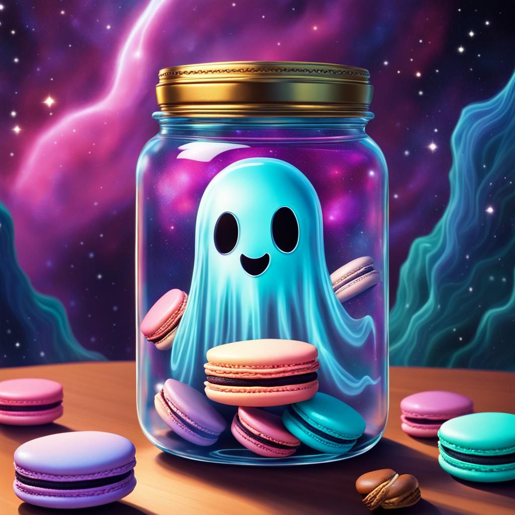 Macaron Ghost in Jar: Holographic Astral Illustration
