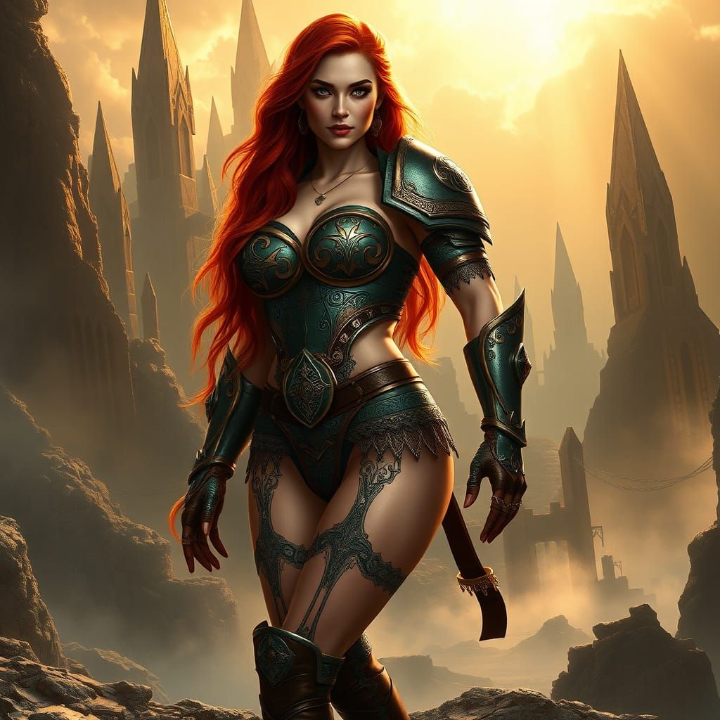 Redhead Warrior Woman in Bathing Suit Armor