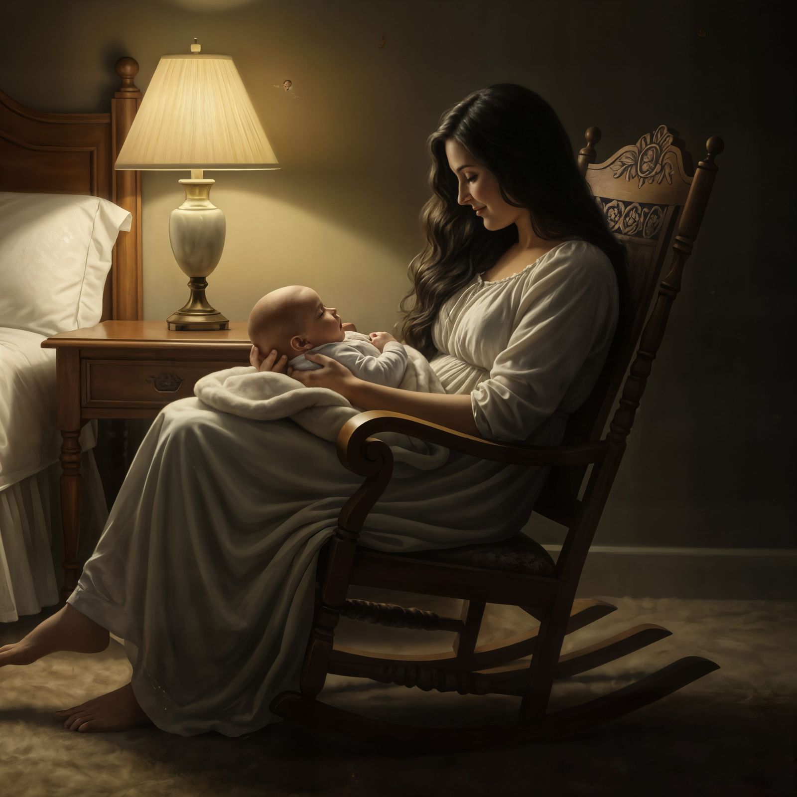 Oil Portrait of Mother and Baby in Rocking Chair