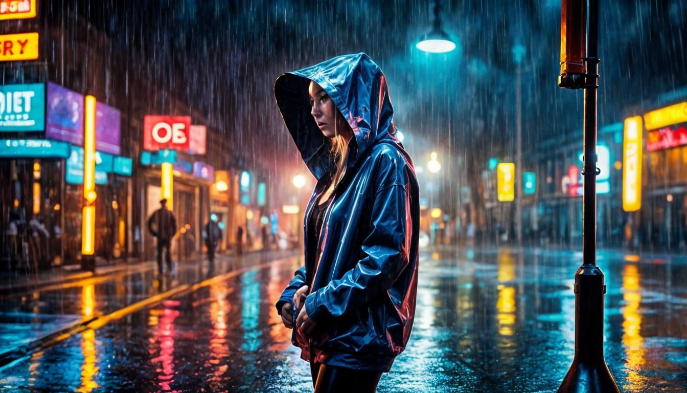 Rainy Neon Cityscape with a Sad Woman