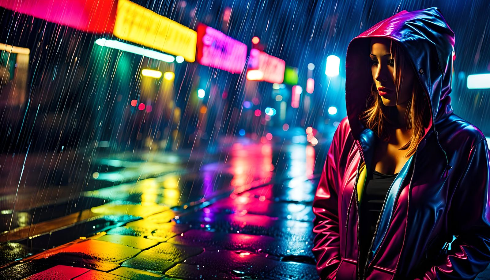 Rainy Neon Cityscape: Anime Style Illustration