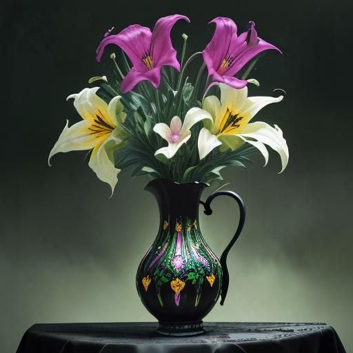 Gothic Lilies with Tusks in Stained Glass Style