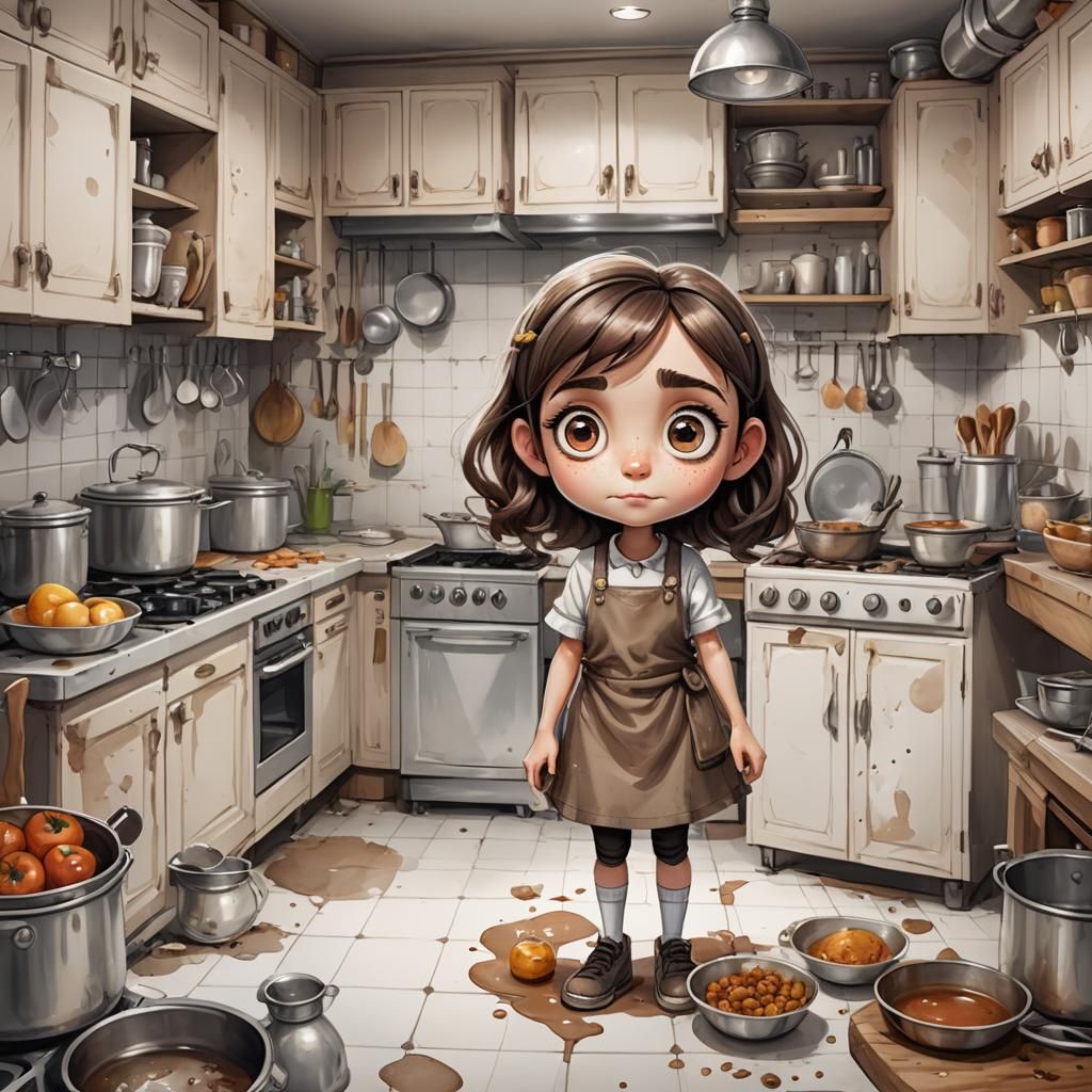 Cartoon Girl in Kitchen, Comic Art Style