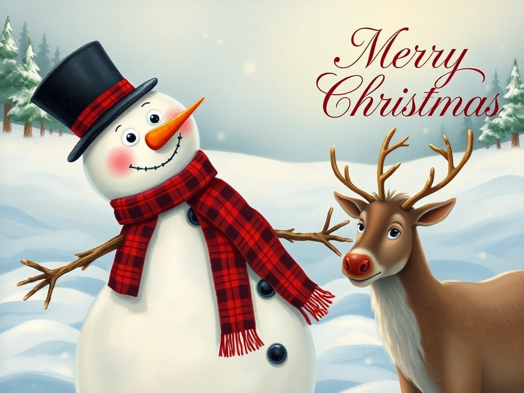 Whimsical Snowman and Reindeer in Winter Landscape