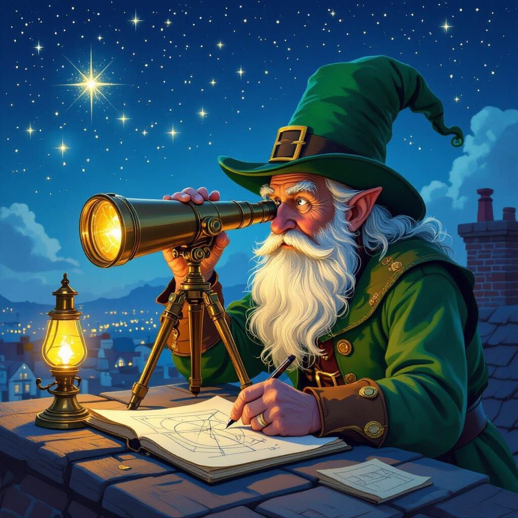 Leprechaun Astronomer Sketching Stars in Storybook Style