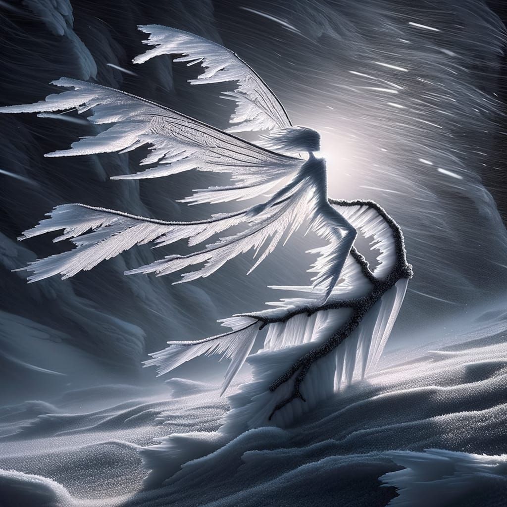 Frost Sprite Dances on Winter Branch in Snowstorm