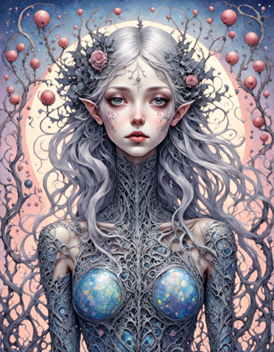 Anime Woman in Iridescent Suit on Alien Ship