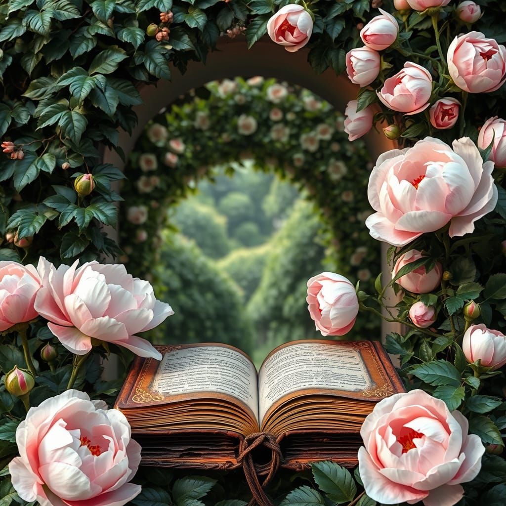 Ethereal Ancient Tome in a Whimsical Garden Sanctuary